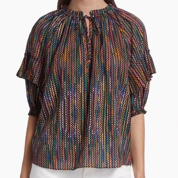 Ramy Brook Eugenia Ruffle Sleeve Top Large Rainbow Dot Stripe Split Neck Peasant - Picture 9 of 12